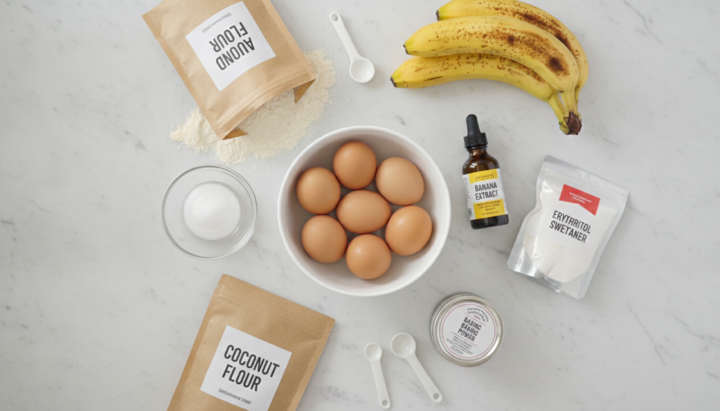 ingredients for keto banana bread arranged on marble counter including almond flour and coconut flour