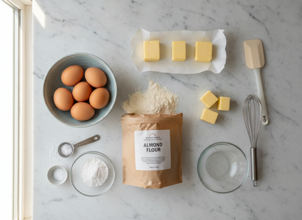 ingredients for keto biscuits laid out on marble countertop