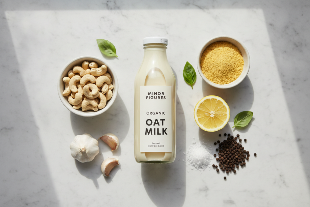ingredients for vegan alfredo sauce including oat milk, cashews, and garlic on marble countertop ingredients for vegan alfredo sauce including oat milk, cashews, and garlic on marble countertop