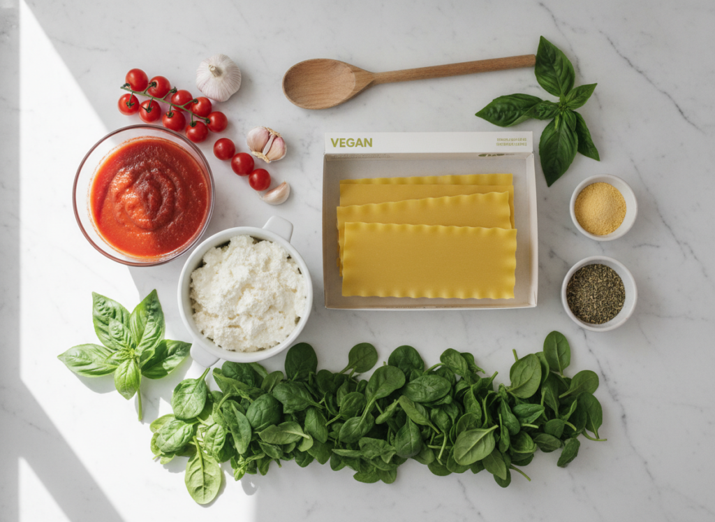 ingredients for vegan lasagna arranged on marble countertop ingredients for vegan lasagna arranged on marble countertop