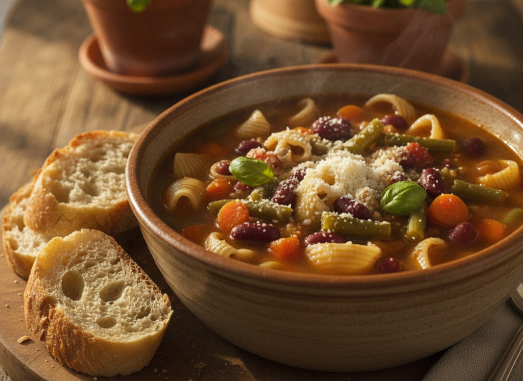 italian minestrone soup with pasta and vegetables