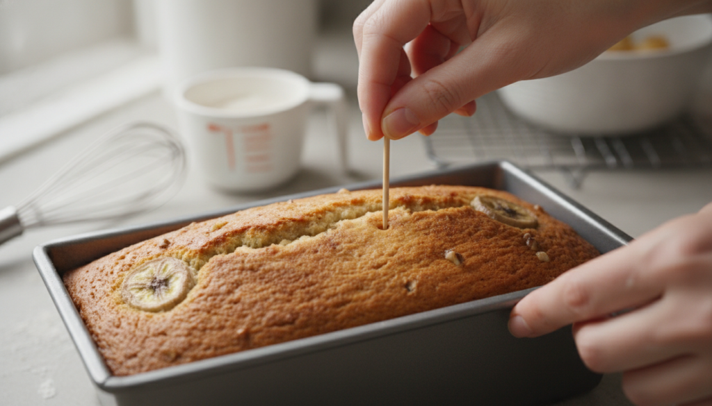keto baker testing banana bread doneness with toothpick