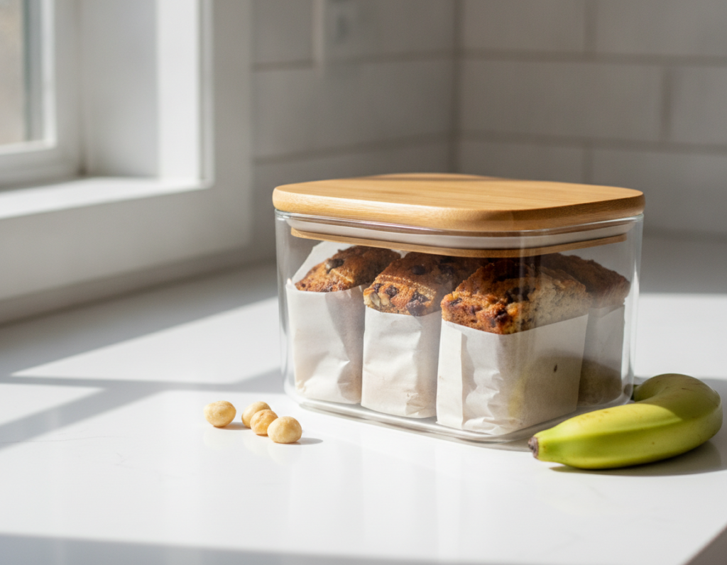 keto banana bread slices wrapped and stored in airtight container