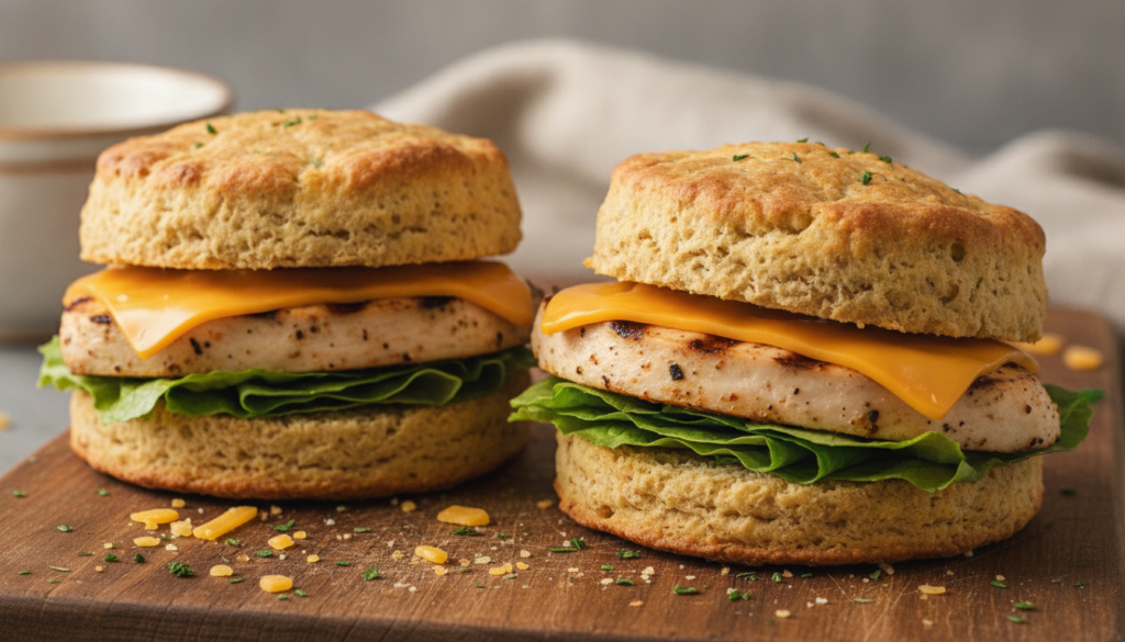 keto biscuit used as a sandwich with chicken