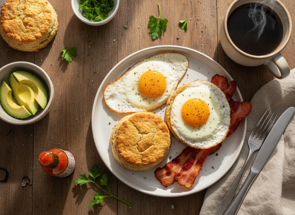 keto biscuits served with breakfast eggs and bacon