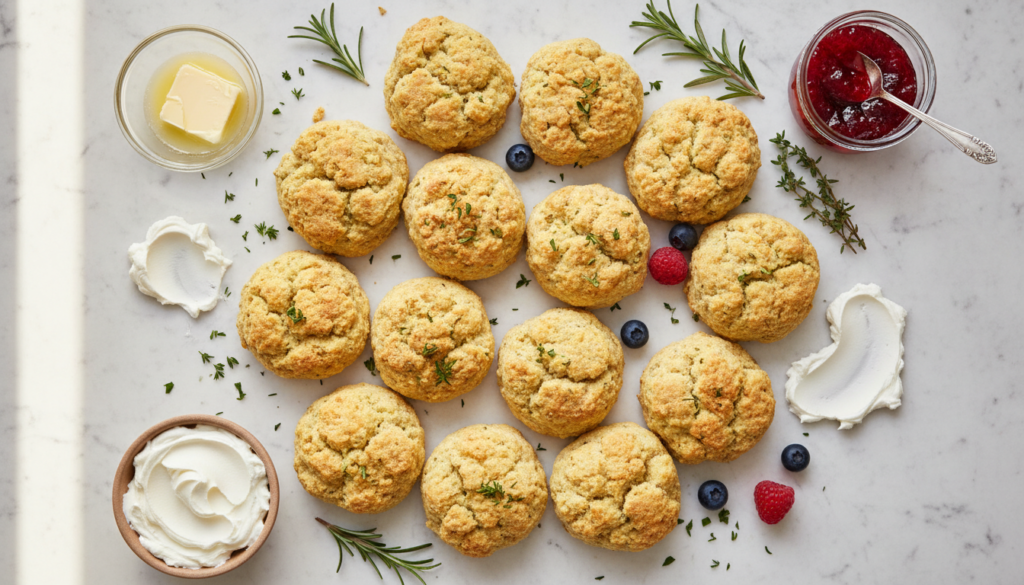 keto biscuits with various toppings and spreads