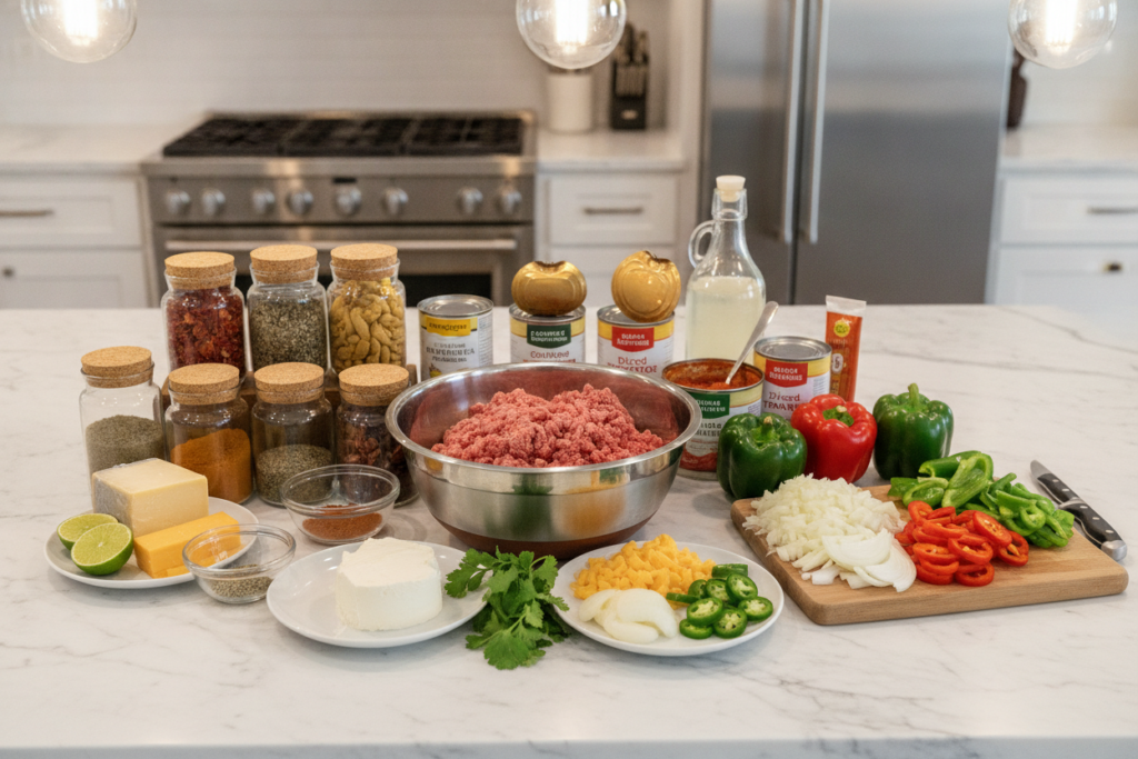 keto chili ingredients laid out on counter