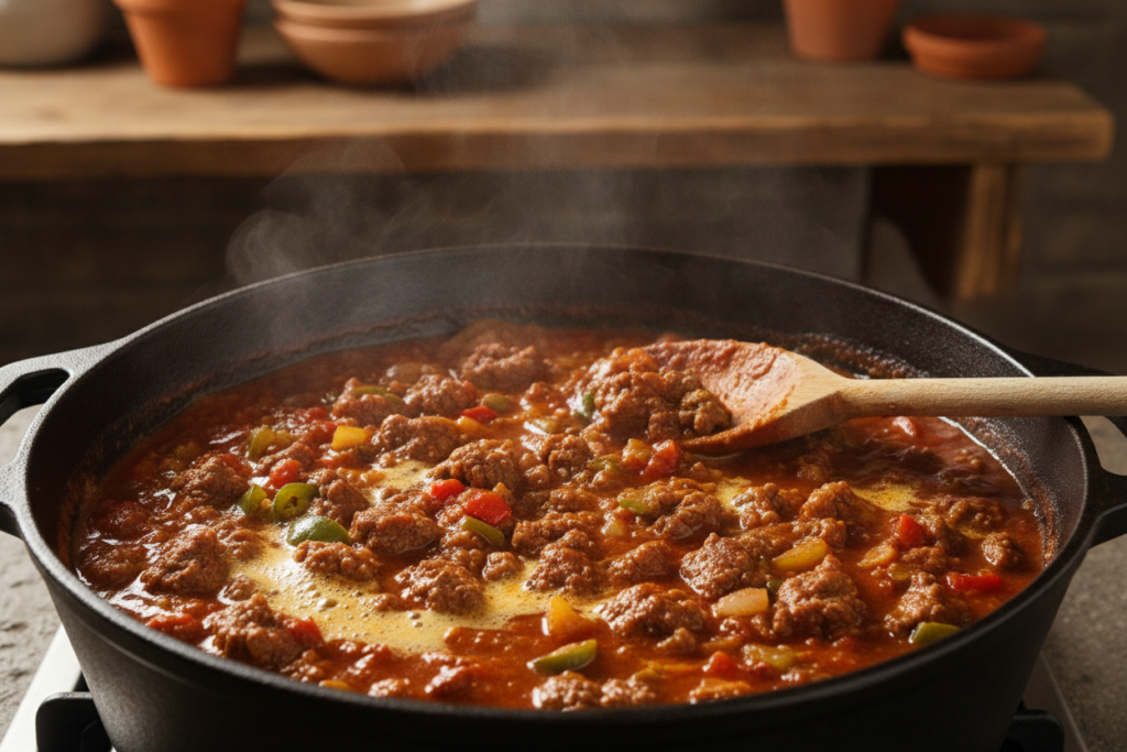keto chili recipe made with ground beef in dutch oven