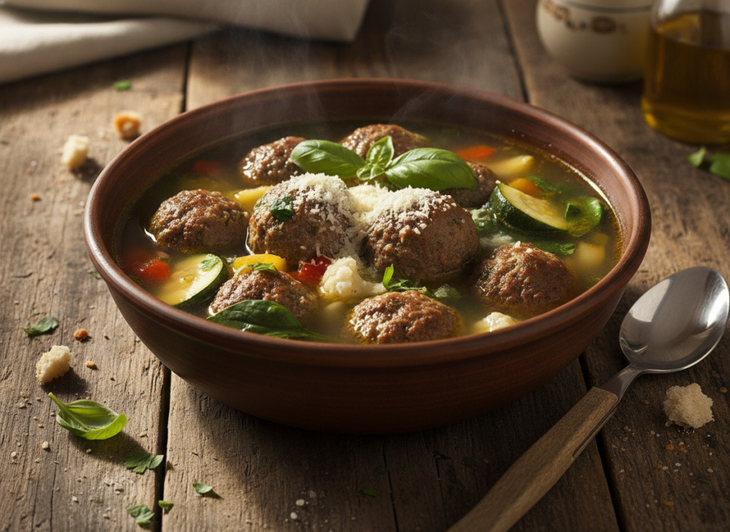 keto meatball soup in bowl