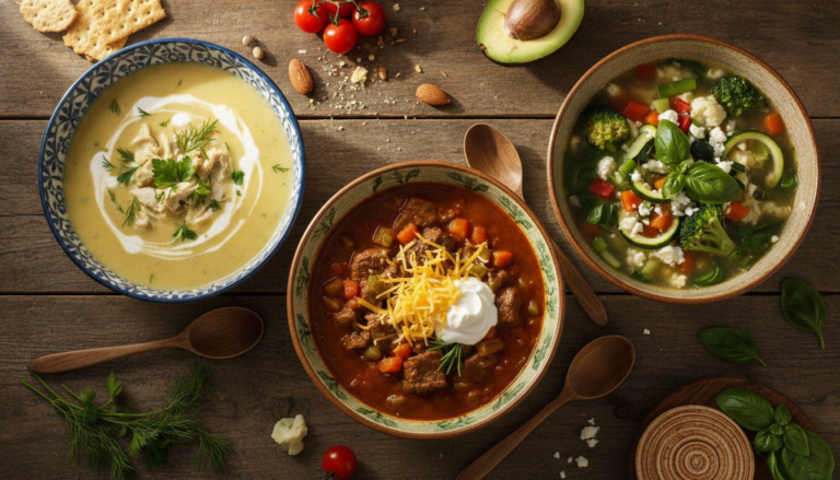keto soup recipes in colorful bowls