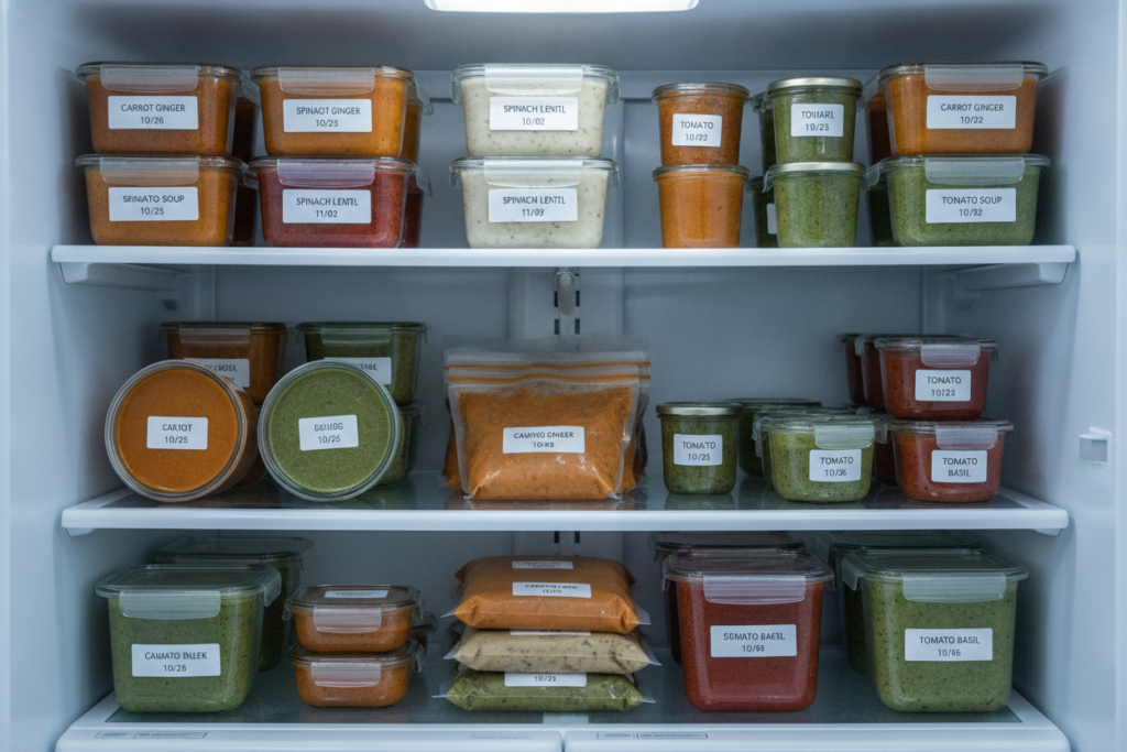labeled containers of frozen vegan soup for meal prep