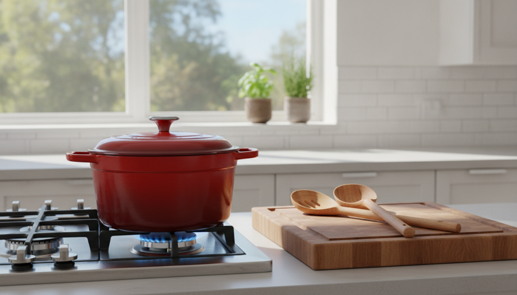large red dutch oven pot on stovetop with cooking utensils