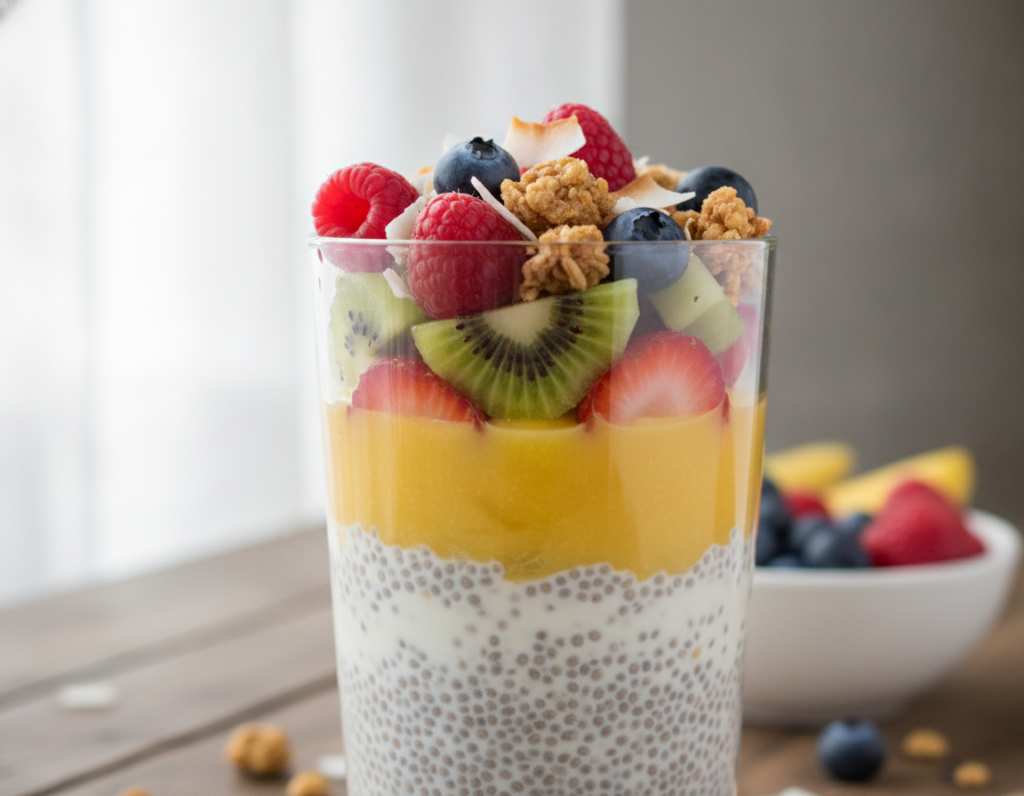 layered chia pudding parfait with fruit and granola