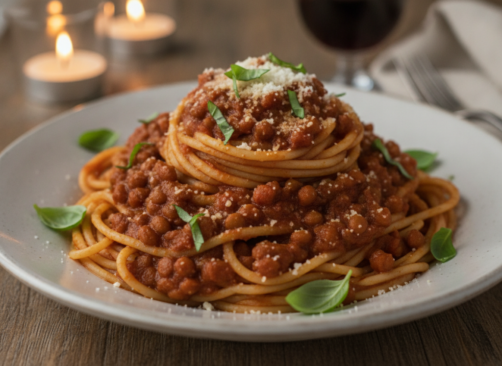 lentil bolognese over spaghetti with fresh herbs