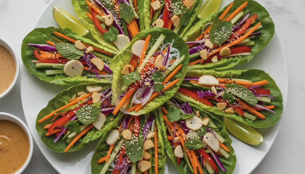 lettuce wraps filled with colorful vegetables on white platter lettuce wraps filled with colorful vegetables on white platter