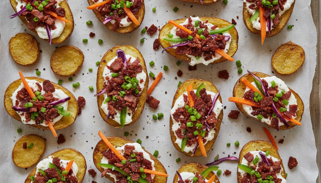 loaded potato skins topped with vegetables and sauce loaded potato skins topped with vegetables and sauce