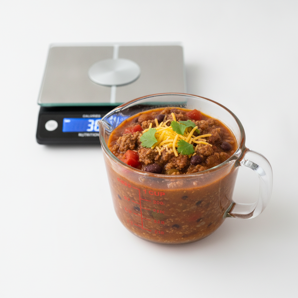 low carb chili in measuring cup