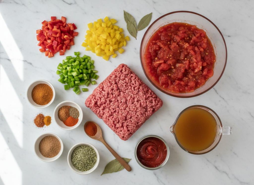 low carb chili recipe ingredients including ground beef and diced tomatoes