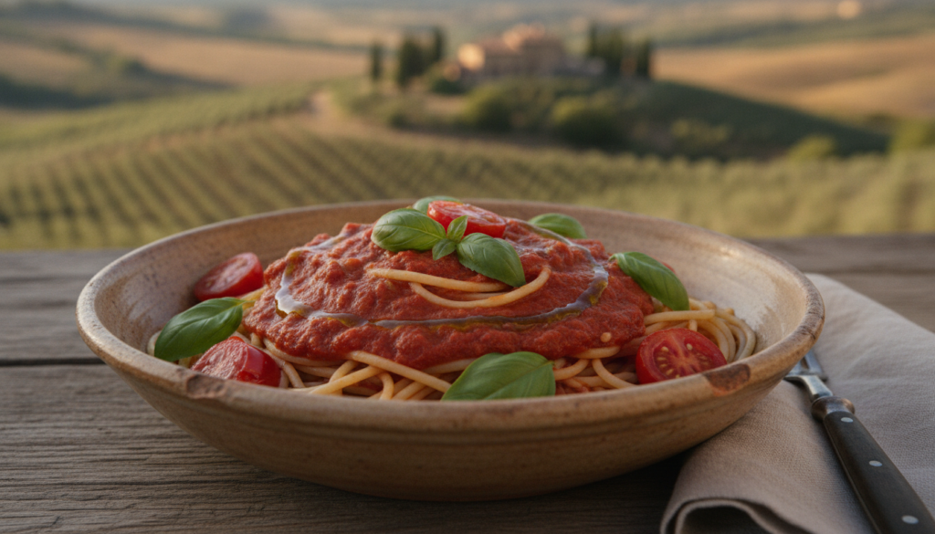 marinara pasta with fresh basil and tomatoes