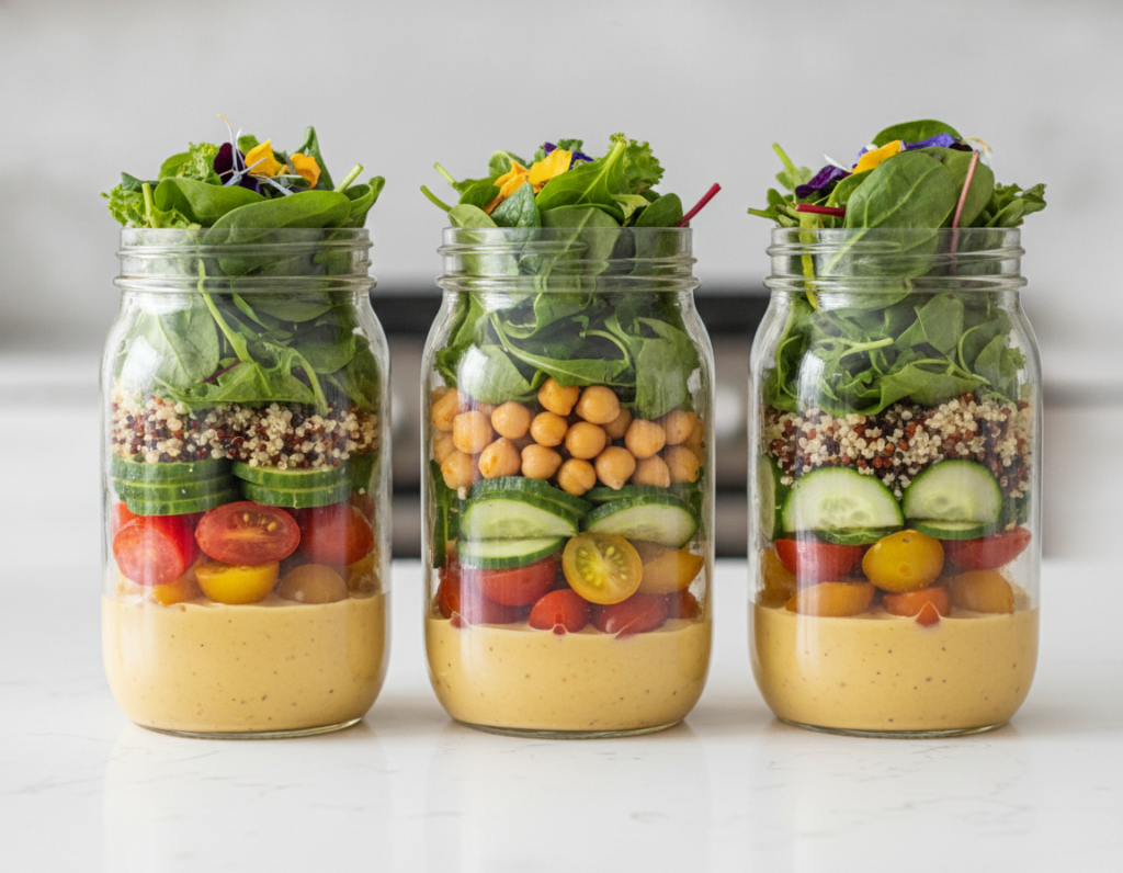 mason jar layered salads showing proper assembly technique with dressing on bottom