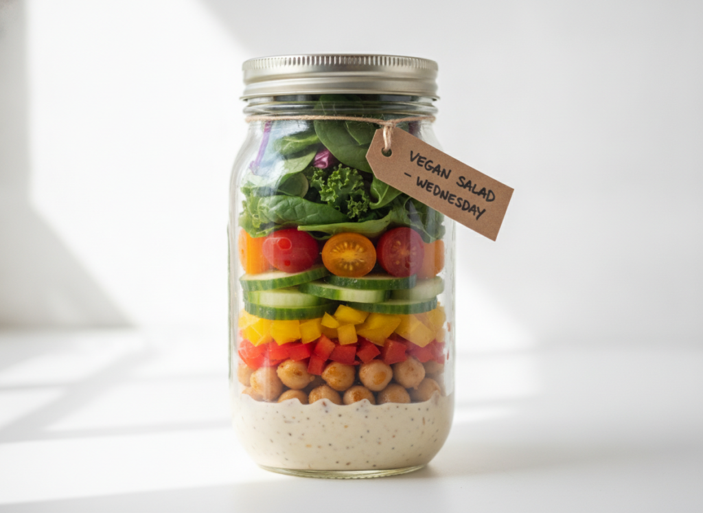 mason jar vegan salad with layers of vegetables mason jar vegan salad with layers of vegetables