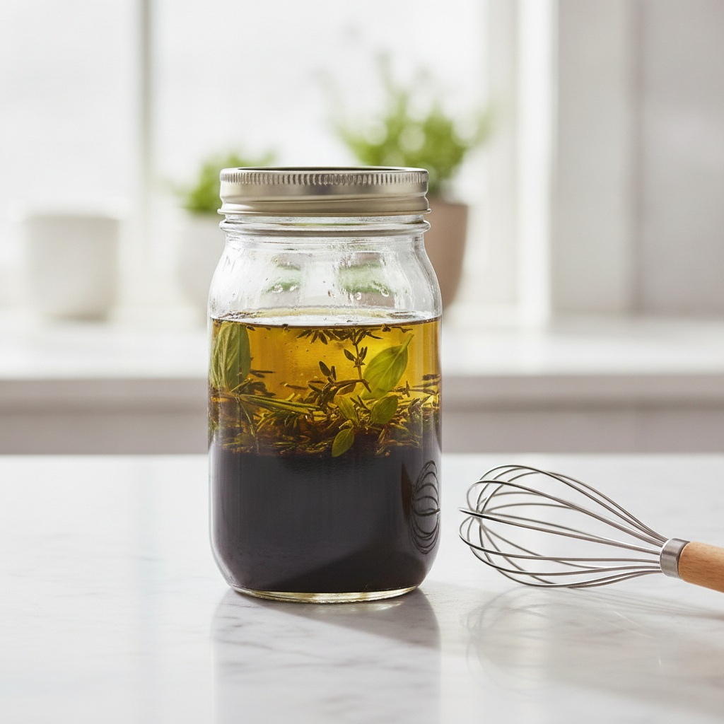 mason jar with layered balsamic vinaigrette showing oil and vinegar separation