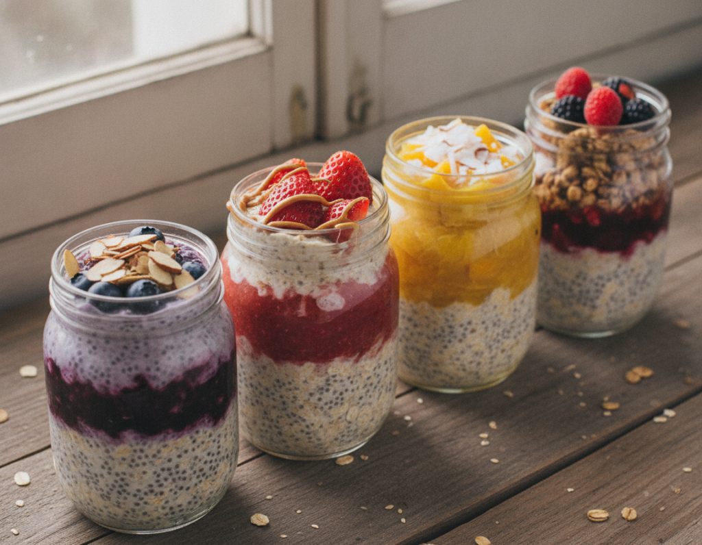 mason jars filled with layered overnight oats topped with berries and nuts