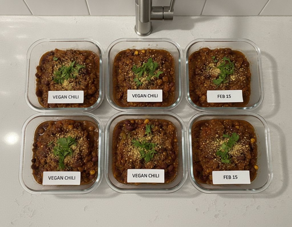 meal prep containers filled with vegan chili for storage
