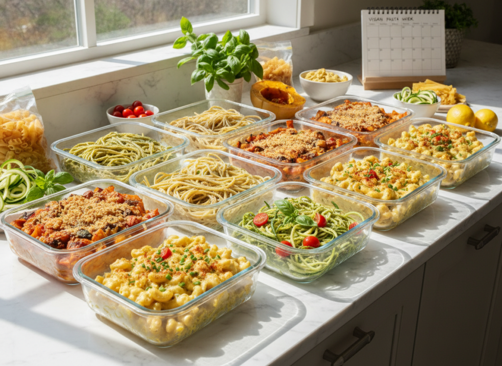 meal prep containers with different vegan pasta dishes meal prep containers with different vegan pasta dishes