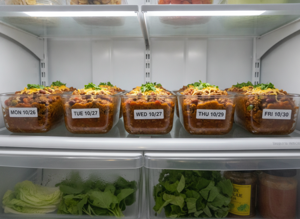 meal prep containers with keto chili portions
