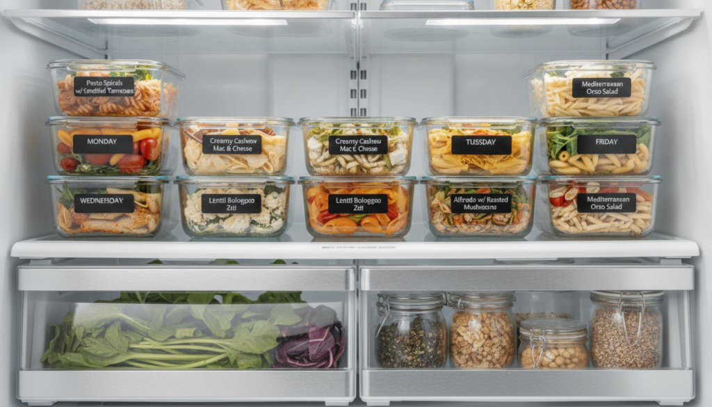 meal prep containers with portioned vegan pasta