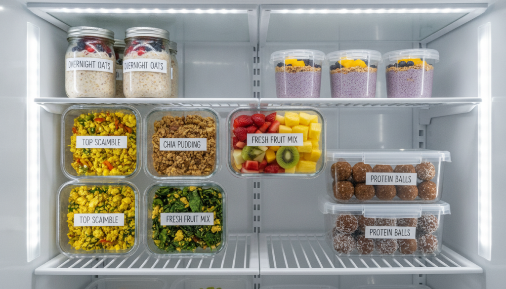 meal prep containers with various vegan breakfast options organized in refrigerator