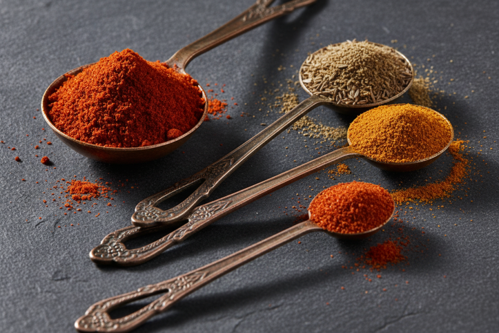 measuring spoons with chili powder cumin and paprika for vegan chili