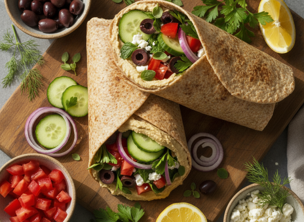 mediterranean hummus wrap with vegetables and olives