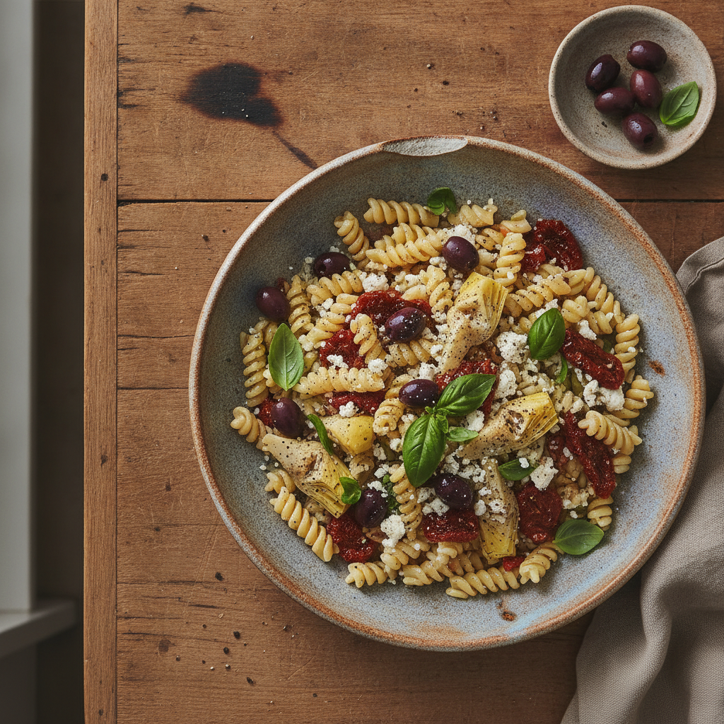 mediterranean style vegan pasta salad with olives and sun-dried tomatoes mediterranean style vegan pasta salad with olives and sun-dried tomatoes