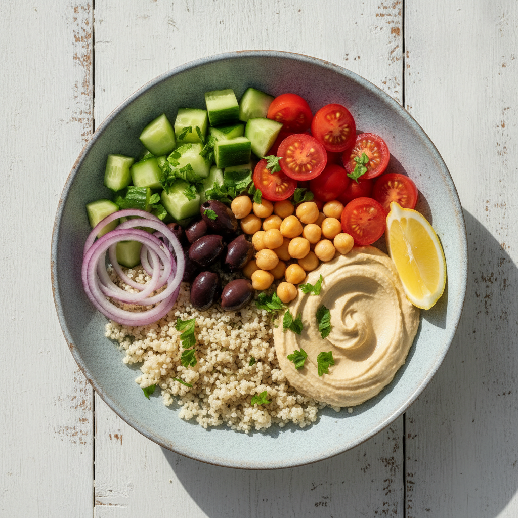 mediterranean vegan bowl with quinoa cucumber tomatoes olives hummus