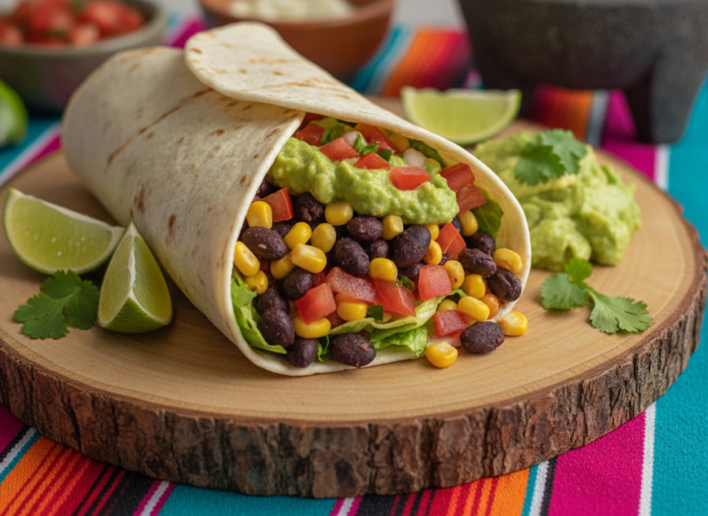 mexican black bean wrap with salsa and guacamole