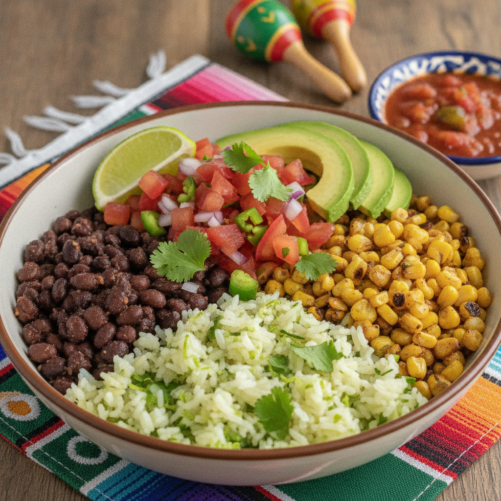 mexican vegan burrito bowl with rice black beans corn salsa avocado