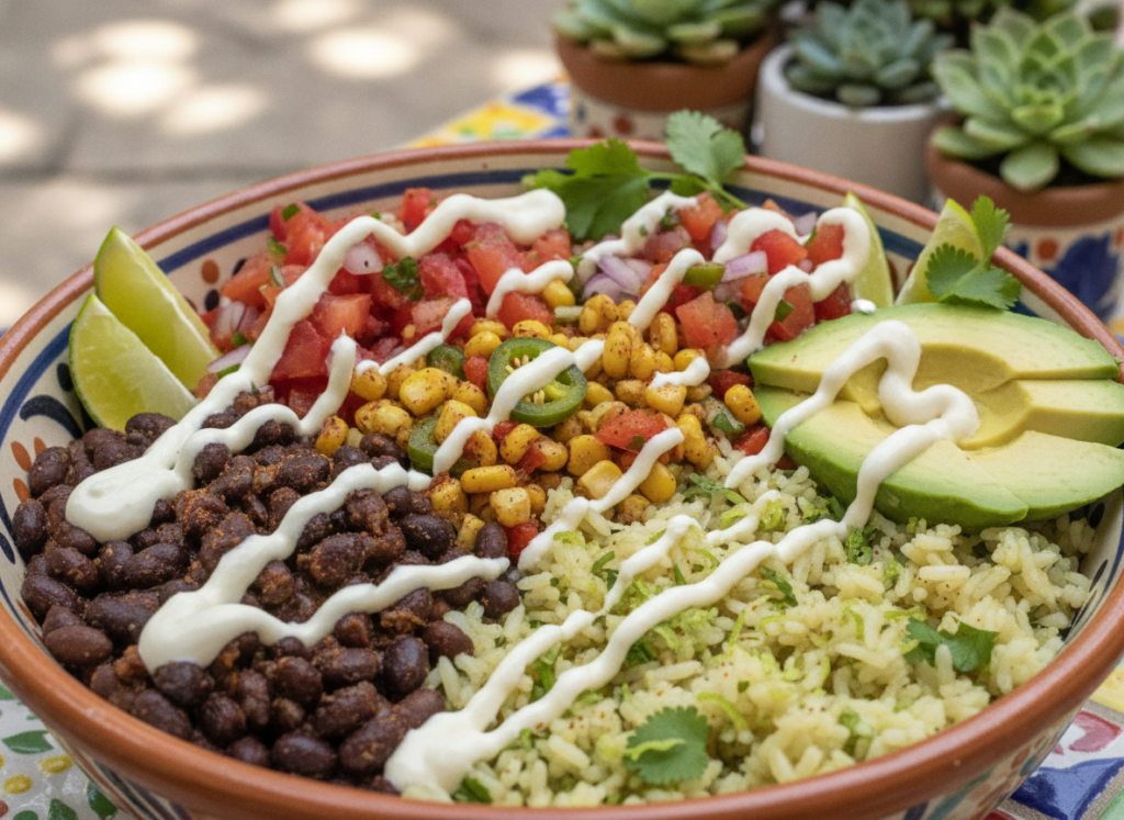 mexican vegan burrito bowl with toppings mexican vegan burrito bowl with toppings