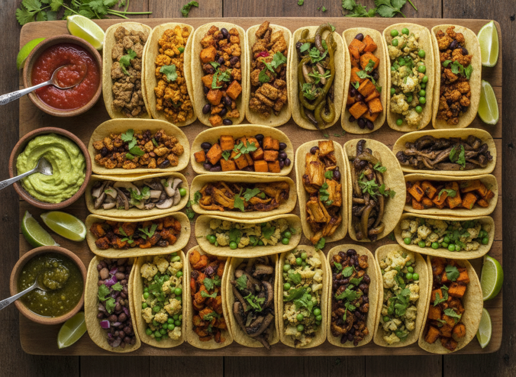 mini tacos arranged on wooden board with garnishes mini tacos arranged on wooden board with garnishes