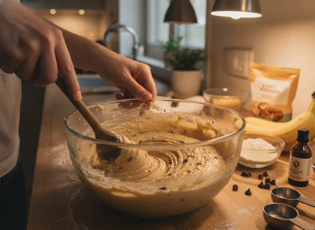 mixing keto banana bread batter in large mixing bowl