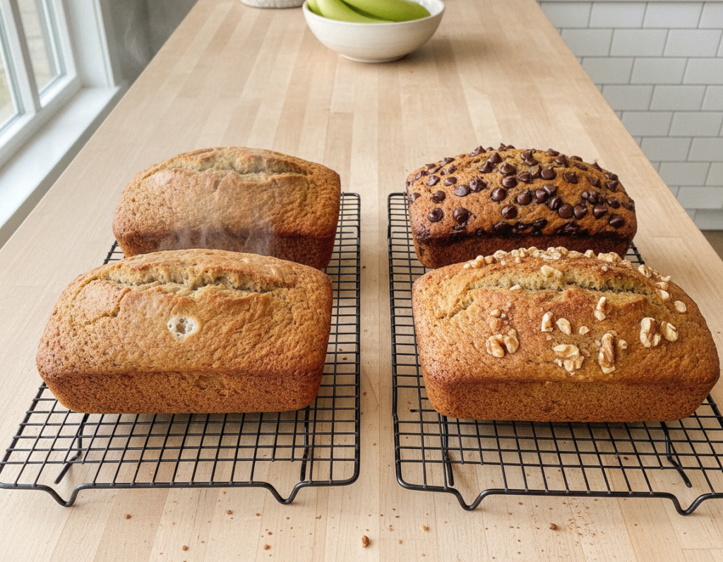 multiple keto banana bread loaves cooling on wire racks