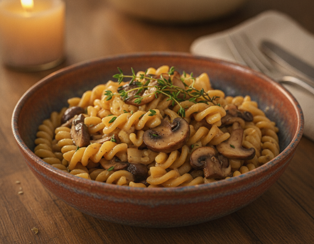 mushroom garlic pasta in rustic bowl