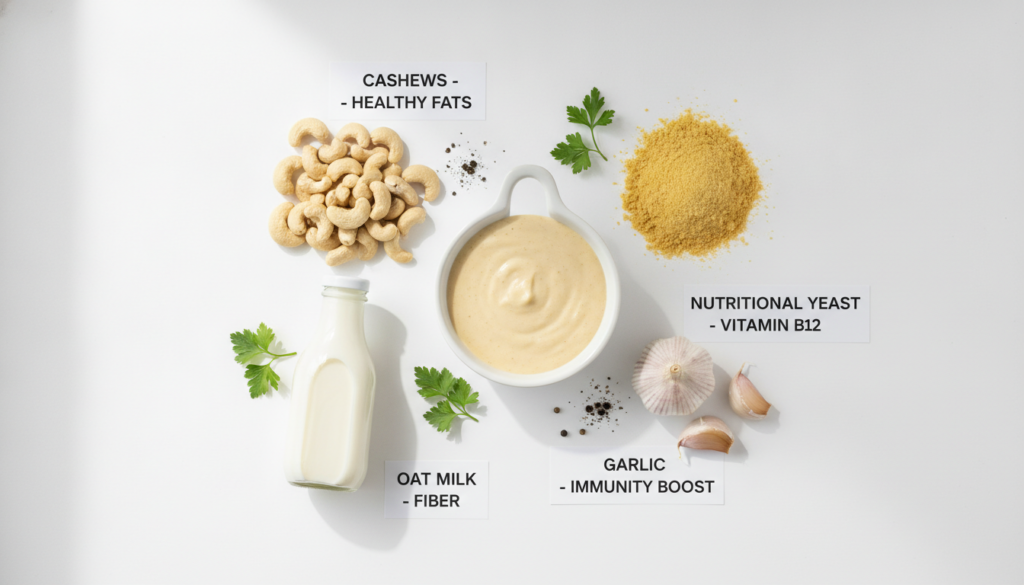 nutritious ingredients for vegan alfredo sauce arranged with nutrition facts label nutritious ingredients for vegan alfredo sauce arranged with nutrition facts label