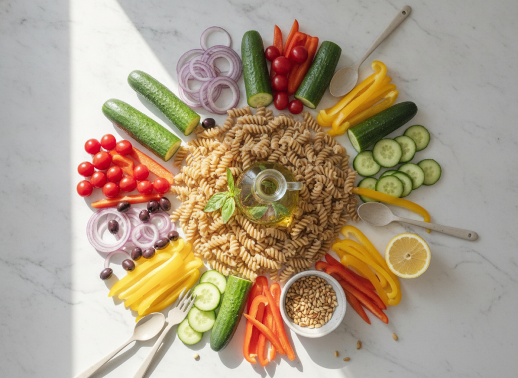 nutritious ingredients for vegan pasta salad laid out nutritious ingredients for vegan pasta salad laid out