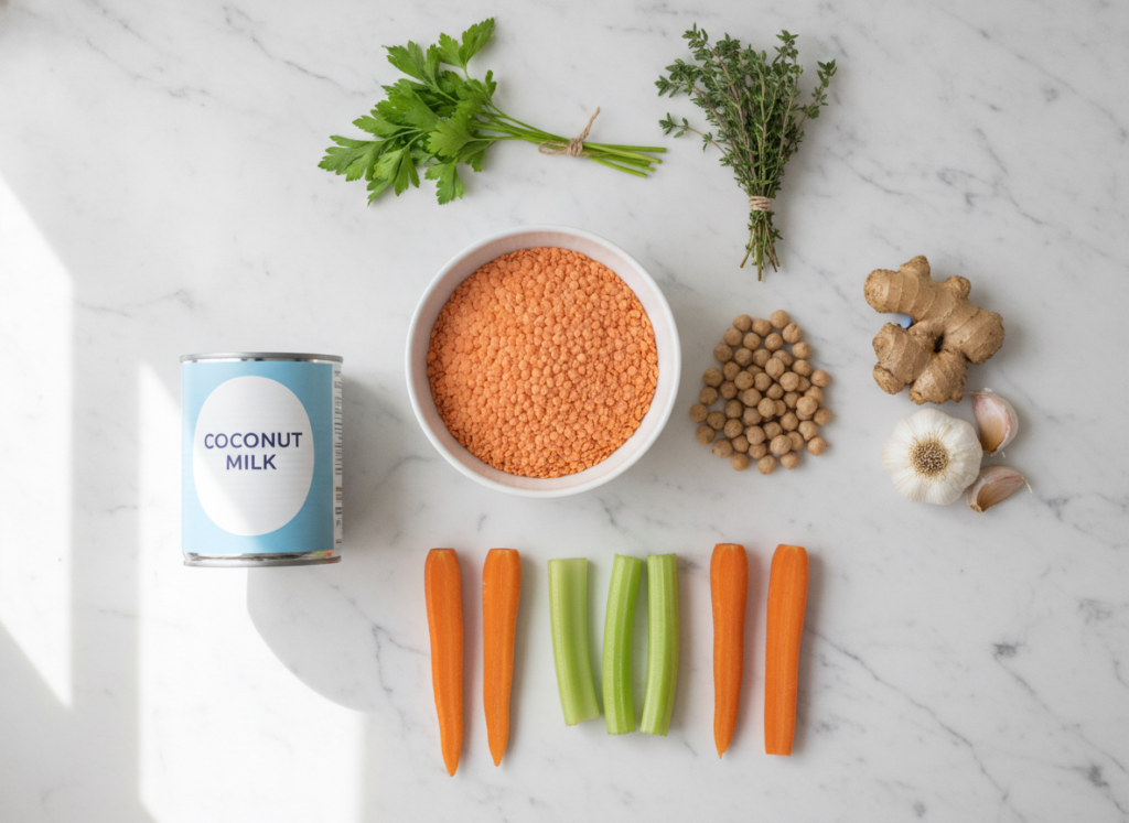 nutritious ingredients for vegan soup recipes including lentils beans vegetables and herbs