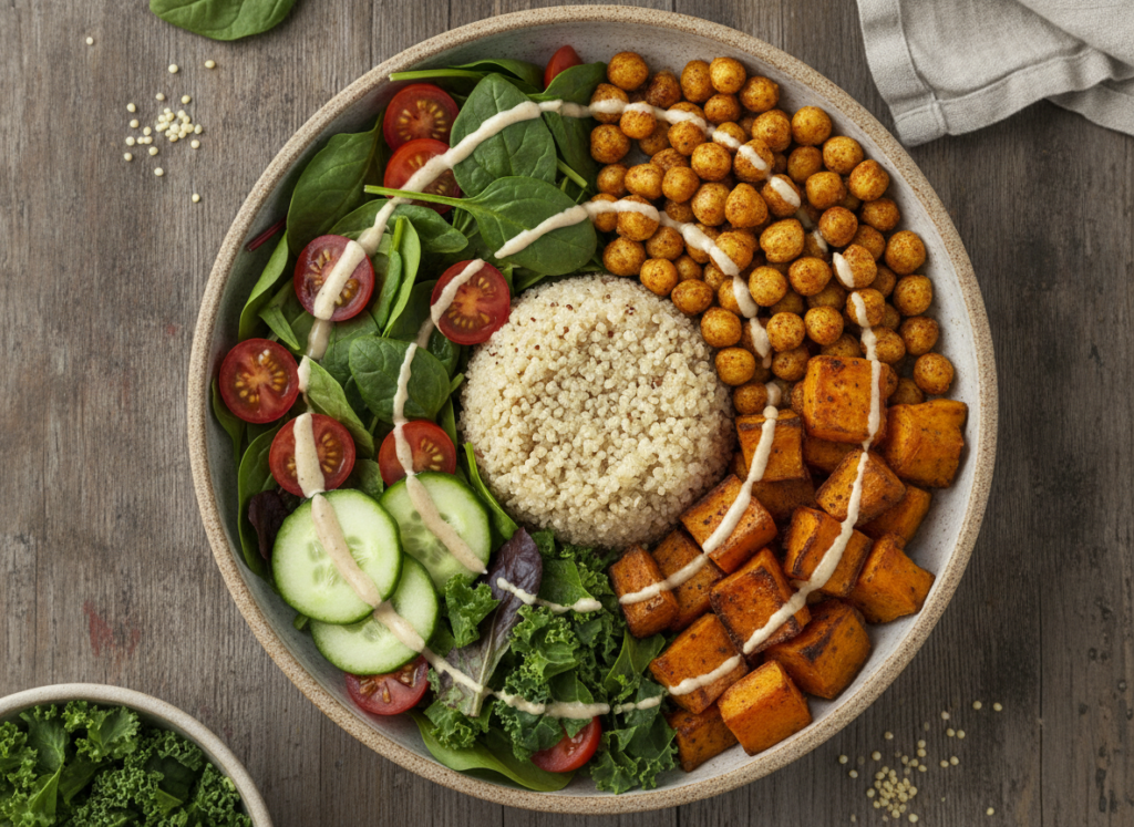 nutritious lunch bowl with quinoa, roasted chickpeas, and colorful vegetables nutritious lunch bowl with quinoa, roasted chickpeas, and colorful vegetables