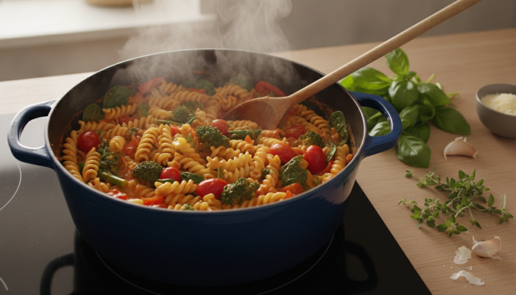 one pot pasta cooking with all ingredients