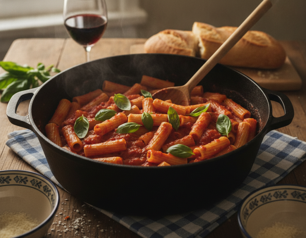 one pot tomato basil pasta ready to serve
