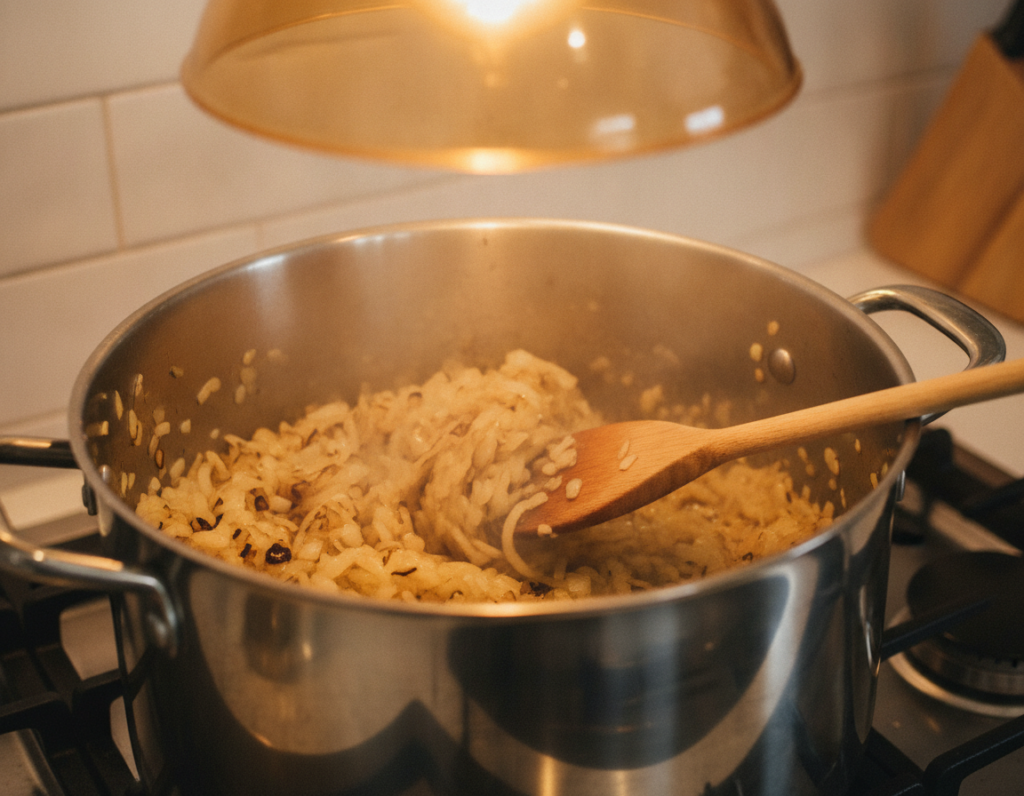 onions sautéing in large pot with wooden spoon stirring